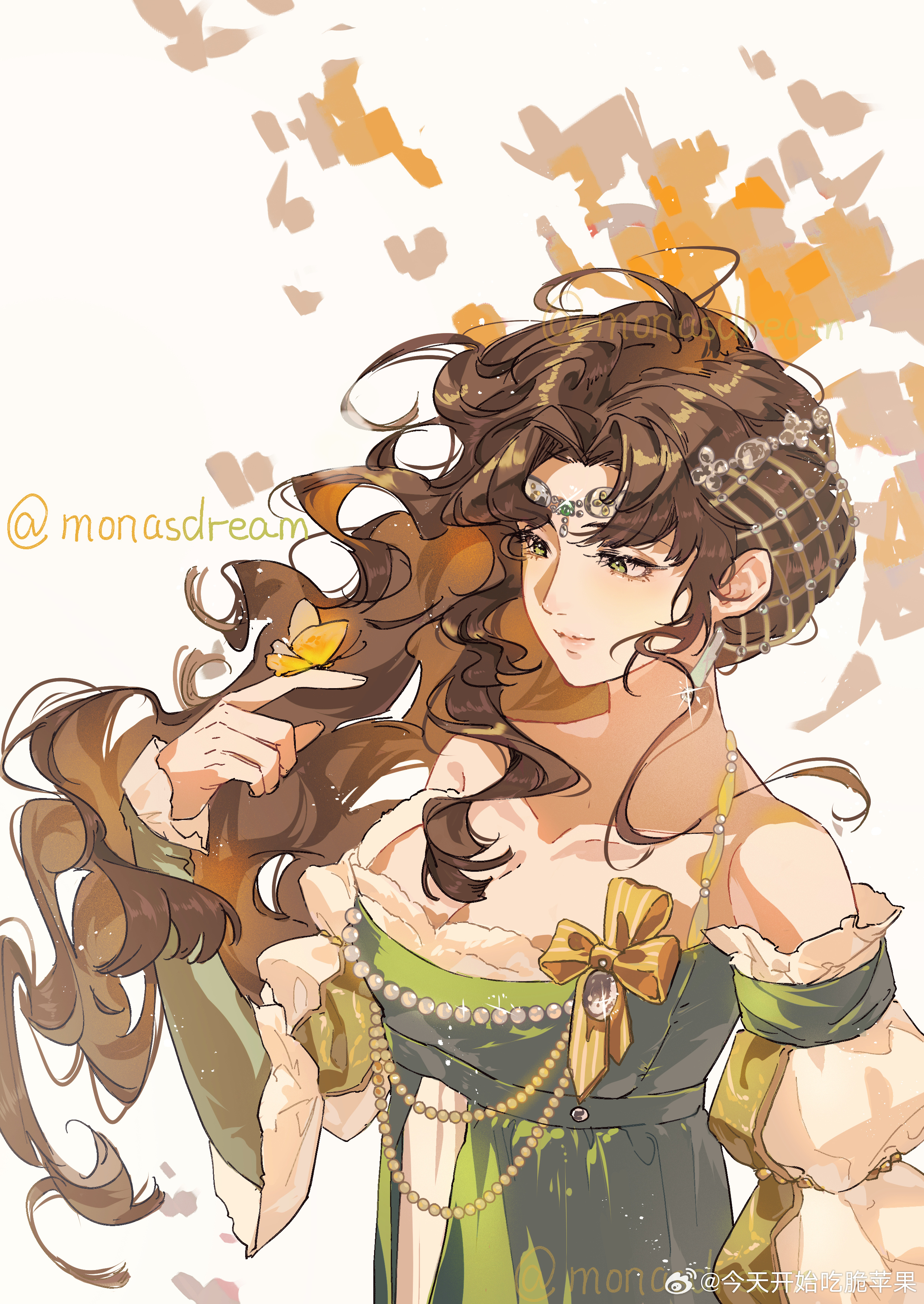 moldir (reverse:1999), reverse:1999, absurdres, chinese commentary, commentary request, highres, 1girl, bare shoulders, breasts, brown hair, bug, butterfly, butterfly on hand, cleavage, dress, green dress, hair ornament, hand up, insect, jintian kaishi chi cui pingguo, juliet sleeves, long hair, long sleeves, looking at animal, medium breasts, off-shoulder dress, off shoulder, official alternate costume, puffy sleeves, smile, solo, twitter username, upper body, watermark, weibo watermark, white background, white hair, yellow butterfly