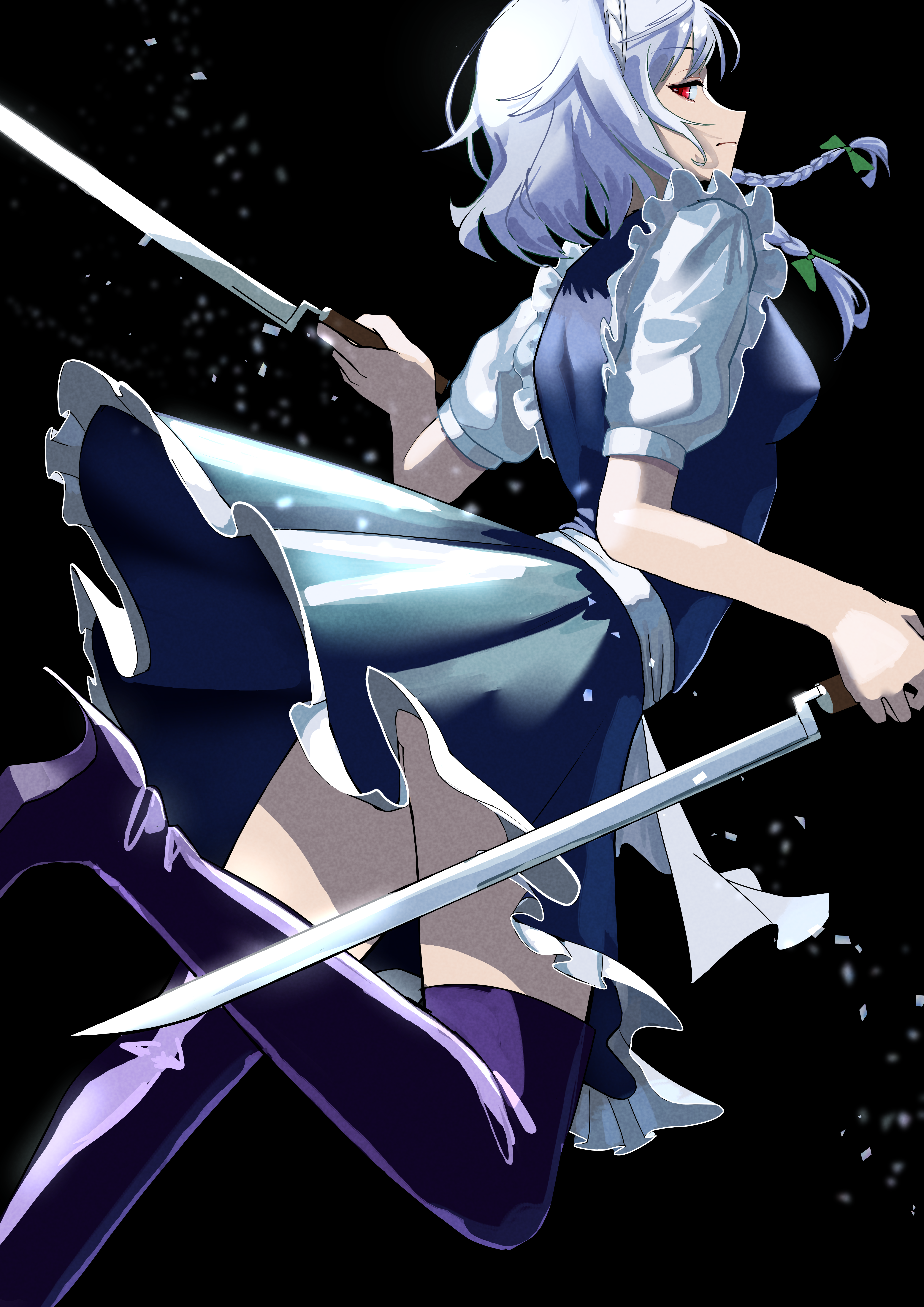 urizaku3, izayoi sakuya, touhou, absurdres, commentary, highres, 1girl, apron, black background, blue skirt, blue vest, boots, bow, braid, breasts, closed mouth, dual wielding, foot out of frame, frilled skirt, frills, from behind, green bow, hair bow, high heel boots, high heels, holding, holding sword, holding weapon, looking at viewer, maid, maid headdress, medium breasts, profile, puffy short sleeves, puffy sleeves, purple boots, red eyes, shirt, short hair, short sleeves, side braids, sideways glance, skirt, solo, stiletto heels, sword, thigh boots, vest, waist apron, weapon, white apron, white hair, white shirt