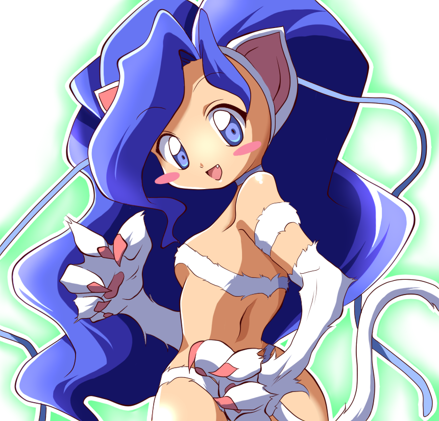 kingetsu mikoto, mikocchan, felicia (darkstalkers), capcom, darkstalkers, bad id, bad pixiv id, 1girl, animal ears, animal hands, big hair, blue eyes, blue hair, blush stickers, cat ears, cat paws, cat tail, choker, claws, female focus, furry, furry female, looking back, matching hair/eyes, simple background, solo, tail