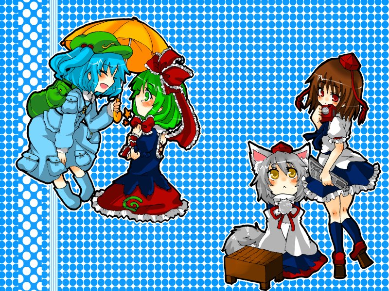 takamura, inubashiri momiji, kagiyama hina, kawashiro nitori, shameimaru aya, touhou, silver hair, bad id, bad pixiv id, 4girls, :<, animal ears, aqua hair, backpack, bag, blush, board game, brown hair, bunbunmaru, camera, closed eyes, female focus, front ponytail, geta, green hair, hair bobbles, hair ornament, hair ribbon, hat, multiple girls, newspaper, randoseru, red eyes, ribbon, shogi, short hair, tail, tengu-geta, tokin hat, twintails, two side up, umbrella, wolf ears, wolf tail, yellow eyes