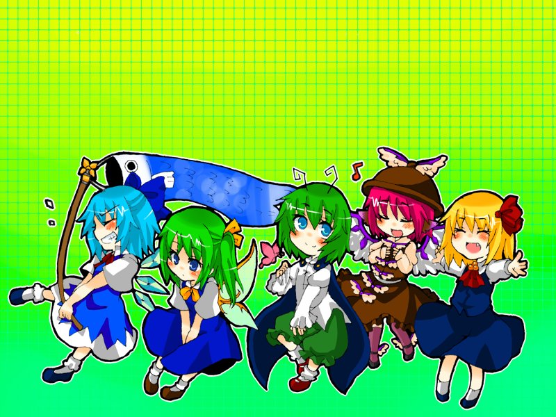 takamura, cirno, daiyousei, mystia lorelei, rumia, wriggle nightbug, touhou, bad id, bad pixiv id, 5girls, ^ ^, antennae, aqua hair, blonde hair, blue eyes, blush, bug, butterfly, cape, carp, closed eyes, fang, fish kite, flag, green hair, grin, hair ribbon, hat, insect, koinobori, multiple girls, musical note, outstretched arms, pink hair, ribbon, short hair, side ponytail, smile, spread arms, team 9 (touhou), windsock, wings
