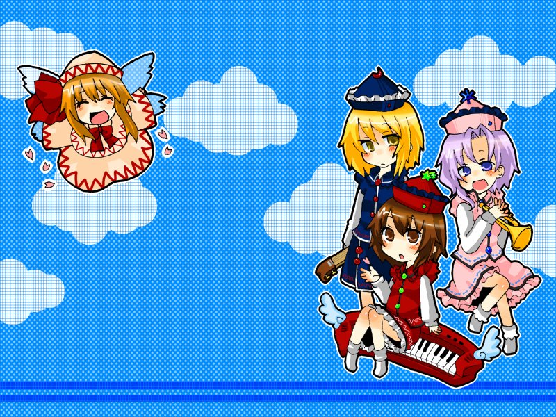 takamura, lily white, lunasa prismriver, lyrica prismriver, merlin prismriver, touhou, light purple hair, bad id, bad pixiv id, 4girls, ^ ^, blonde hair, blue eyes, blush, brown eyes, brown hair, closed eyes, cloud, fairy, female focus, full body, hat, hat ribbon, instrument, keyboard, keyboard (instrument), long hair, multiple girls, orange hair, petals, ribbon, short hair, sitting, sky, standing, trumpet, violin, wings, yellow eyes