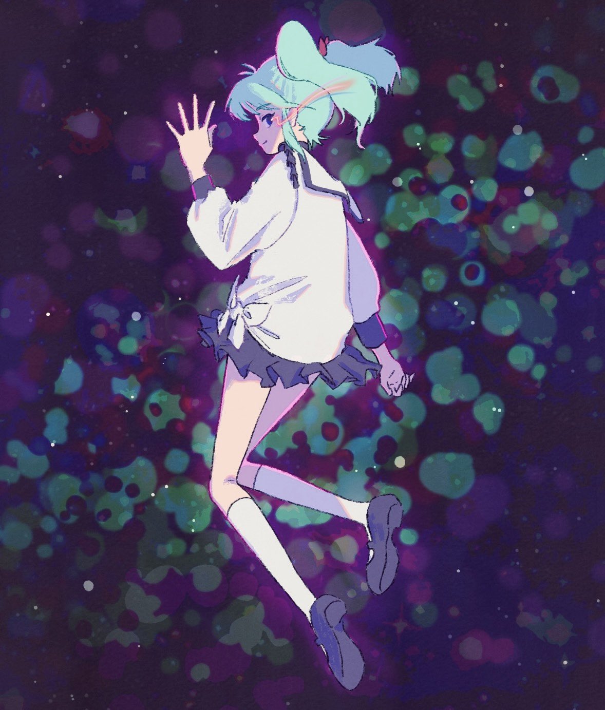 quess paraya, char's counterattack, gundam, commentary request, highres, 1girl, aqua hair, black skirt, blue hair, eye trail, full body, kneehighs, light trail, long sleeves, looking at viewer, looking back, milklily1205, pleated skirt, profile, sailor collar, shirt, skirt, smile, socks, solo, twintails, waving, white sailor collar, white shirt, white socks