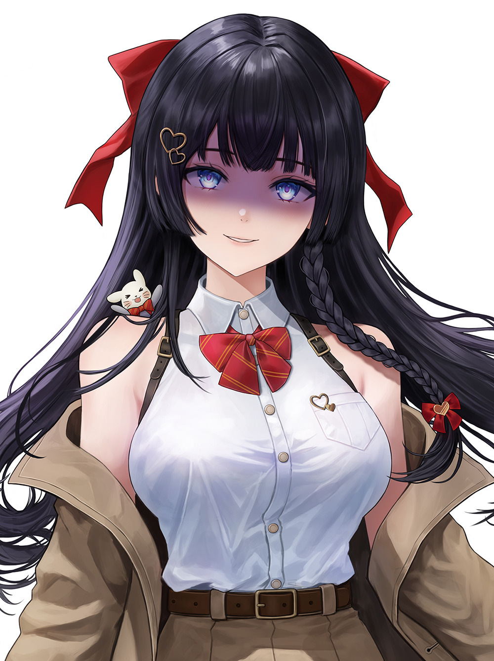 eruthu, shirayuki hina, stellive, commentary request, highres, korean commentary, 1girl, belt, belt buckle, black hair, blue eyes, bow, bowtie, braid, breast pocket, breasts, brown belt, brown jacket, brown skirt, buckle, choppy bangs, collared shirt, cowboy shot, diagonal-striped bow, diagonal-striped bowtie, diagonal-striped clothes, haedungi (shirayuki hina), hair bow, hair ornament, heart, heart hair ornament, jacket, jacket partially removed, large breasts, long hair, parted lips, pocket, red bow, red bowtie, shaded face, shirt, simple background, skirt, smile, solo, striped bow, striped bowtie, striped clothes, virtual youtuber, white background, white shirt, wing collar