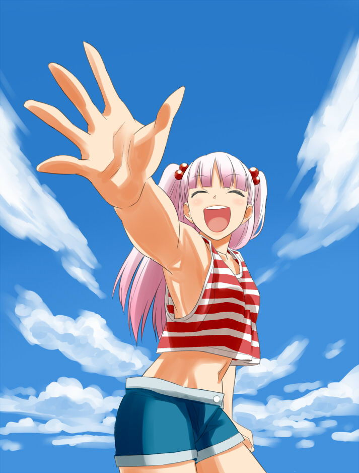 arle, original, striped, bad id, bad pixiv id, 1girl, :d, ^ ^, armpits, closed eyes, female focus, foreshortening, hair bobbles, hair ornament, long hair, midriff, navel, open mouth, outstretched arm, outstretched hand, pink hair, shorts, smile, solo, tank top, twintails, waving