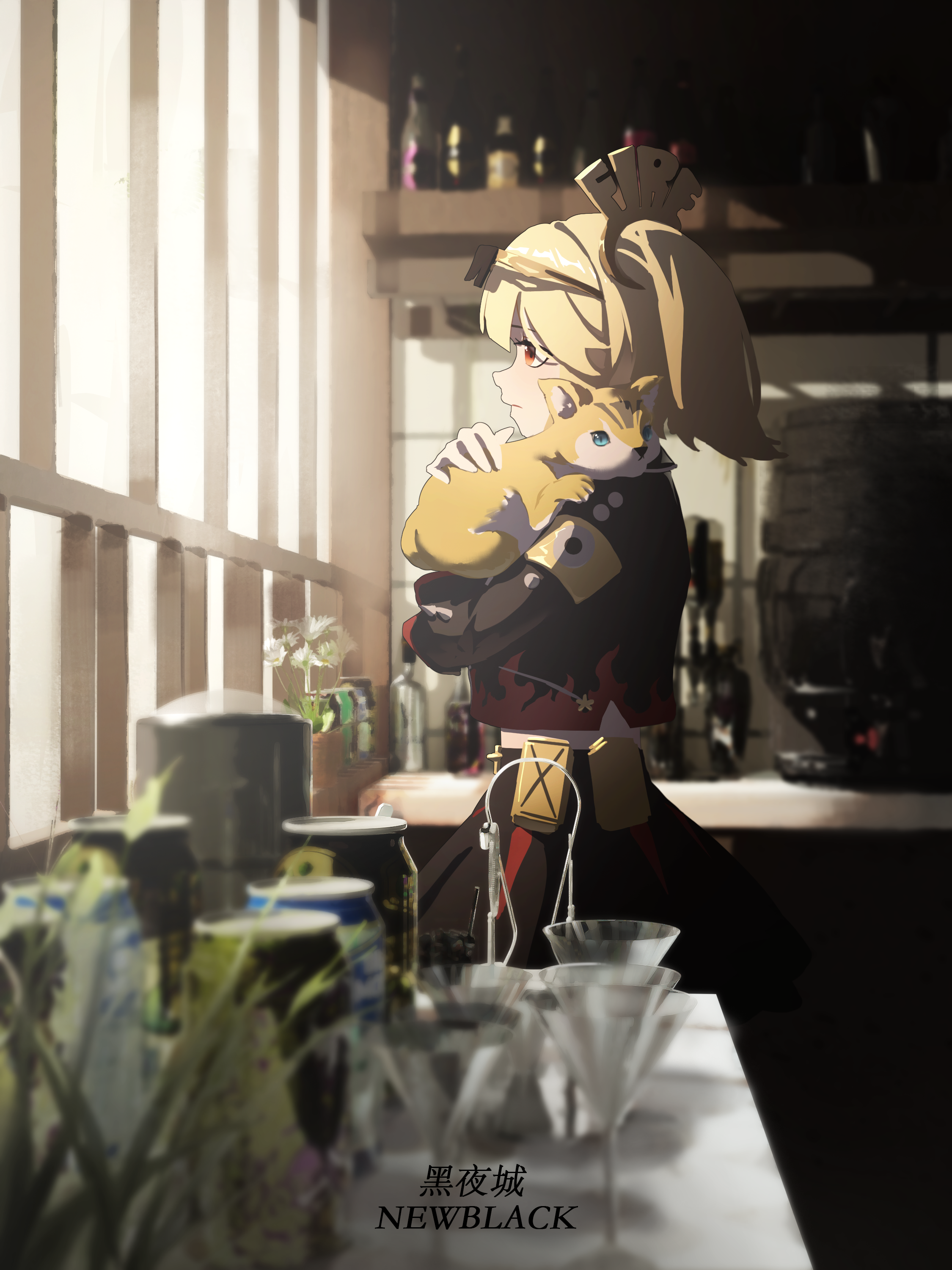 burnice white, pulchra fellini, zenless zone zero, absurdres, commentary request, highres, 1girl, animal, animalization, black jacket, black skirt, blonde hair, blurry, blurry foreground, bottle, can, cat, closed mouth, cup, drinking glass, eyewear on head, from side, holding, holding animal, holding cat, indoors, jacket, orange cat, plant, red eyes, shelf, short twintails, skirt, solo, spiked jacket, standing, sunglasses, twintails, twthxqw