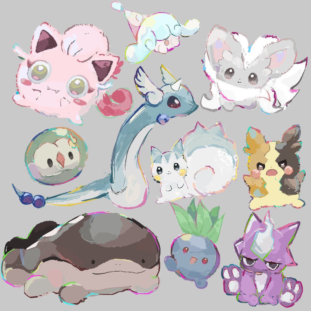kako xox, cinccino, clodsire, dragonair, hatenna, morpeko, morpeko (full), oddish, pachirisu, scream tail, solosis, toxel, nintendo, pokemon, black eyes, blush stickers, brown eyes, closed mouth, fangs, gen 1 pokemon, gen 4 pokemon, gen 5 pokemon, gen 8 pokemon, grey background, open mouth, pokemon (creature), pokemon focus, purple eyes, red eyes, smile, yellow eyes