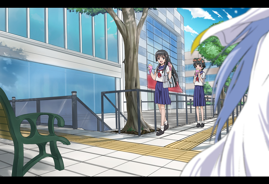 yuu (1007yu), index (toaru majutsu no index), saten ruiko, uiharu kazari, toaru kagaku no railgun, toaru majutsu no index, 3girls, black hair, crepe, day, flower, food, hair flower, hair ornament, head wreath, letterboxed, long hair, multiple girls, neckerchief, outdoors, red neckerchief, scenery, school uniform, serafuku, short hair, skirt