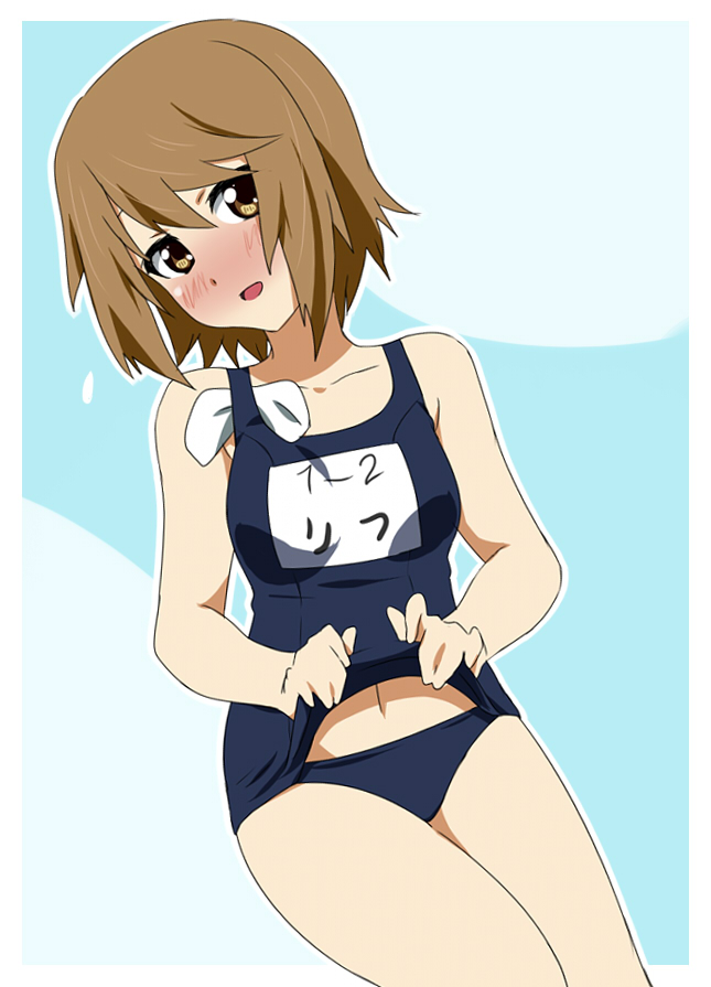 ikari manatsu, tainaka ritsu, k-on!, bad id, bad pixiv id, 1girl, alternate hairstyle, blush, brown eyes, brown hair, female focus, hair down, navel, one-piece swimsuit, school swimsuit, school swimsuit flap, short hair, solo, swimsuit, towel