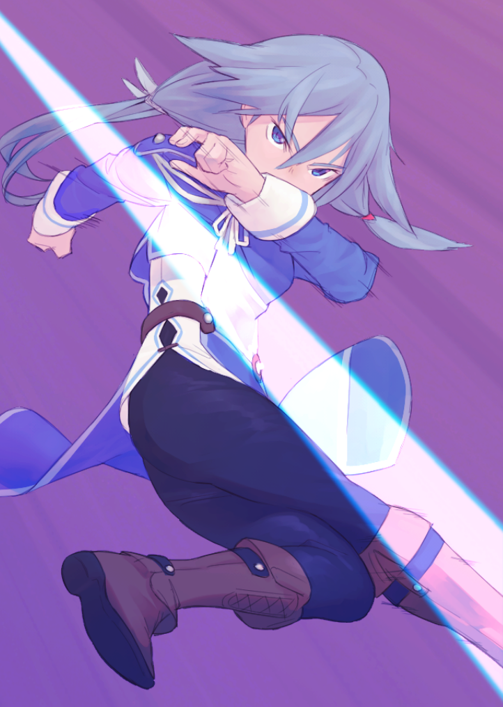 matsushita yuubin, fu hua, fu hua (valkyrie accipiter), honkai (series), honkai impact 3rd, commentary, 1girl, black hair, black pants, blue eyes, blue jacket, boots, brown boots, full body, jacket, kicking, long hair, long sleeves, pants, purple background, solo