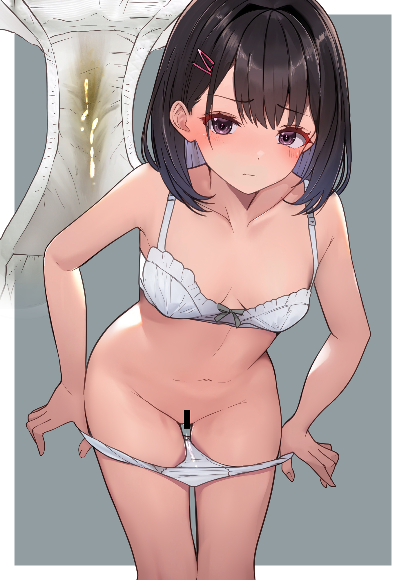 lumina414, original, commentary request, highres, 1girl, bar censor, black hair, blush, border, bow, bow bra, bra, breasts, censored, closed mouth, cowboy shot, embarrassed, grey background, grey eyes, hair intakes, hair ornament, hairclip, looking at viewer, medium breasts, medium hair, navel, outside border, panties, panty pull, parted bangs, pee stain, pussy juice, pussy juice trail, solo, stained panties, stomach, underwear, underwear only, white border, white bra, white panties