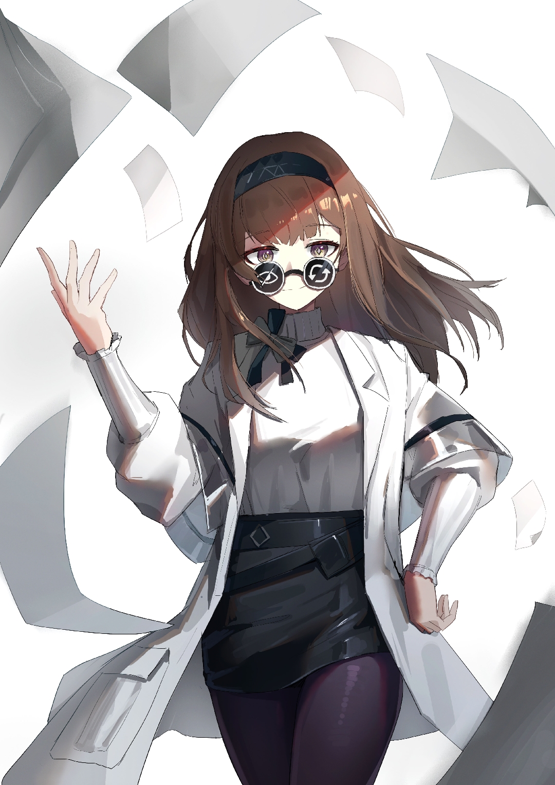 fenglai thewind, priestess (arknights), arknights, chinese commentary, commentary, commentary request, english commentary, highres, mixed-language commentary, 1girl, black hairband, black pantyhose, black skirt, brown hair, coat, grey eyes, hairband, lab coat, lapels, layered sleeves, long hair, long sleeves, looking at viewer, miniskirt, open clothes, open coat, pantyhose, paper, secretary settings (arknights), shirt, short over long sleeves, short sleeves, simple background, skirt, solo, turtleneck, turtleneck shirt, white background, white coat, white shirt