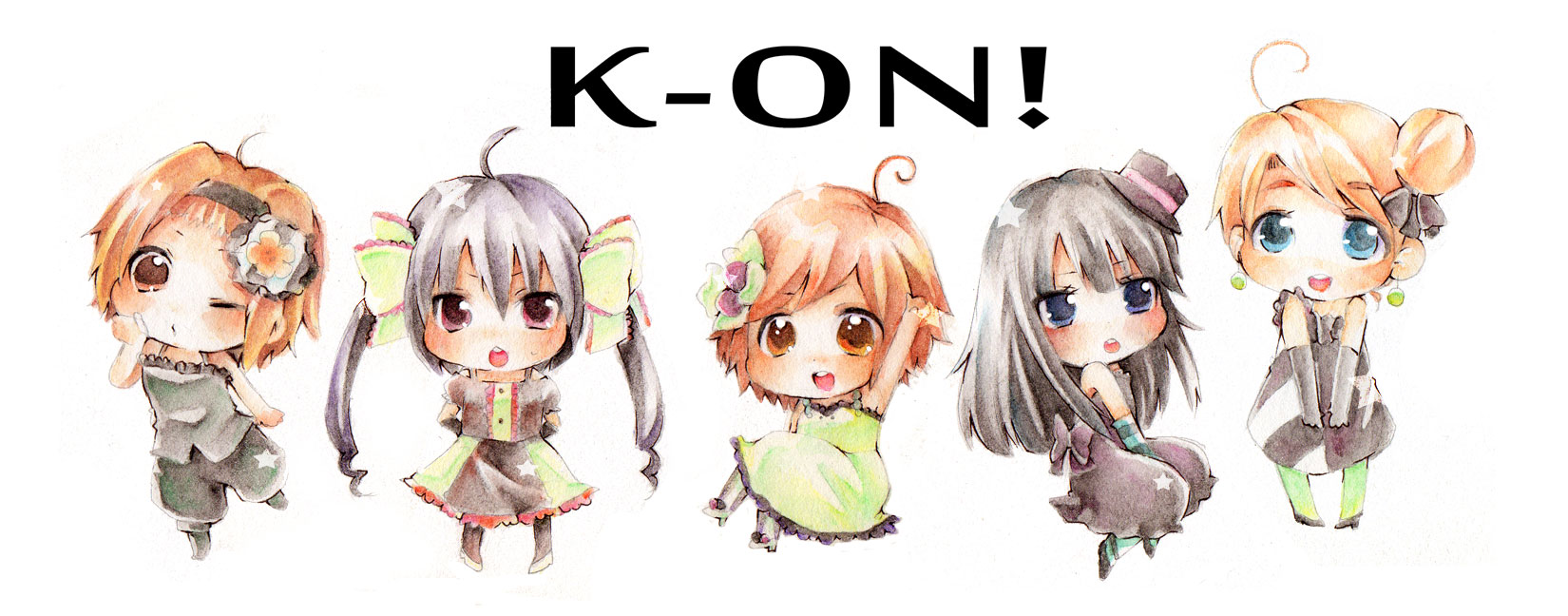 natsushima, akiyama mio, hirasawa yui, kotobuki tsumugi, nakano azusa, tainaka ritsu, don't say "lazy", k-on!, blue legwear, green legwear, striped legwear, vertical-striped legwear, highres, 5girls, black eyes, black hair, blonde hair, blue eyes, brown eyes, brown hair, chibi, hat, ho-kago tea time, long hair, mini hat, mini top hat, multiple girls, pantyhose, short hair, striped clothes, striped pantyhose, top hat, twintails, vertical-striped clothes, vertical-striped pantyhose