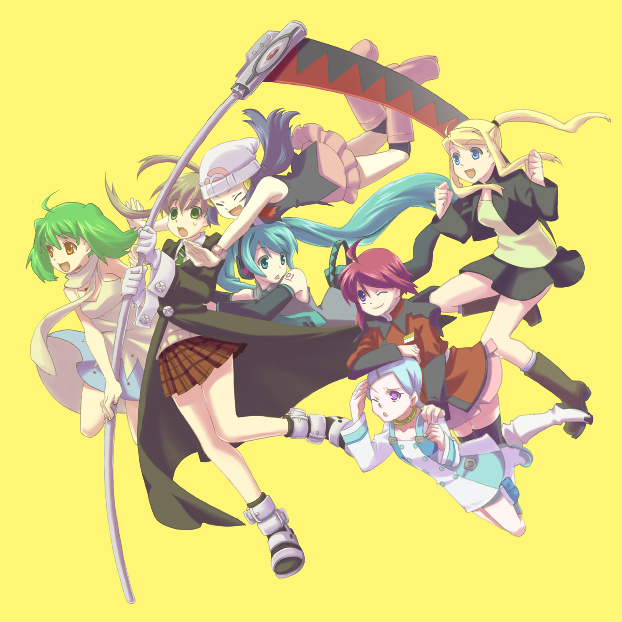 girupiyo, dawn (pokemon), eureka (eureka seven), hatsune miku, lunamaria hawke, maka albarn, ranka lee, winry rockbell, eureka seven, eureka seven (series), fullmetal alchemist, gundam, gundam seed, gundam seed destiny, macross, macross frontier, nintendo, pokemon, soul eater, vocaloid, highres, 00s, 6+girls, boots, crossover, hat, legs, multiple girls, pink boots, scythe, skirt, thigh strap, weapon