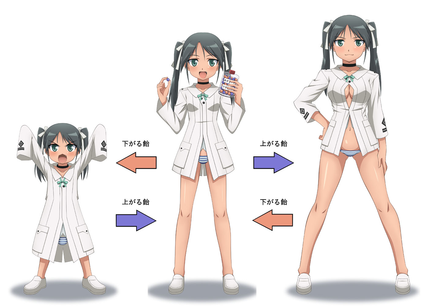 yamakawa kouji, francesca lucchini, fushigi na merumo, strike witches, world witches series, translated, 1girl, :3, :d, age comparison, age progression, age regression, aged down, aged up, arrow (symbol), bare legs, black hair, blue panties, breasts, choker, cleavage, comparison, drugs, evolution, fang, green eyes, hair ribbon, hand on own hip, hip focus, jacket, legs, long sleeves, looking at viewer, medium breasts, military, military uniform, miracle candy, open mouth, oversized clothes, panties, panty pull, parody, pill, ribbon, shirt, shoes, sleeves past wrists, smile, standing, striped clothes, striped panties, twintails, undersized clothes, underwear