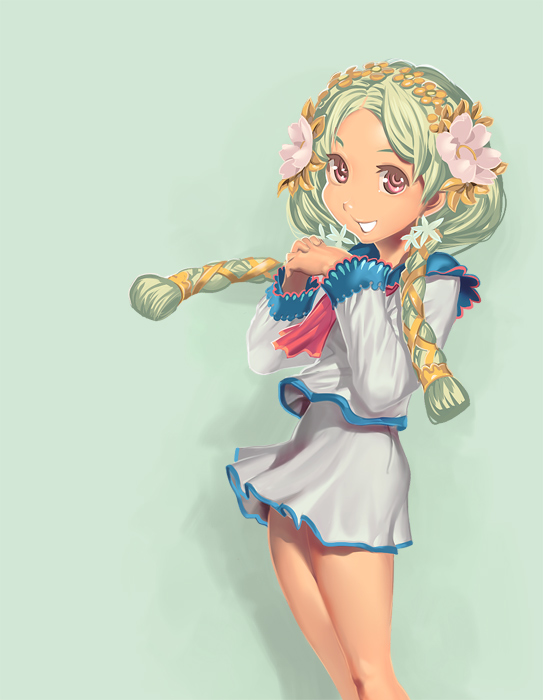 kichin yarou, original, 1girl, female focus, flower, gradient background, green hair, hair flower, hair ornament, long hair, no lineart, pink eyes, smile, solo