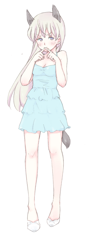 tsuntsuko, eila ilmatar juutilainen, strike witches, world witches series, bad id, bad pixiv id, 1girl, animal ears, blue eyes, blush, female focus, full body, legs, long hair, pale color, simple background, solo, tail, white background, white hair