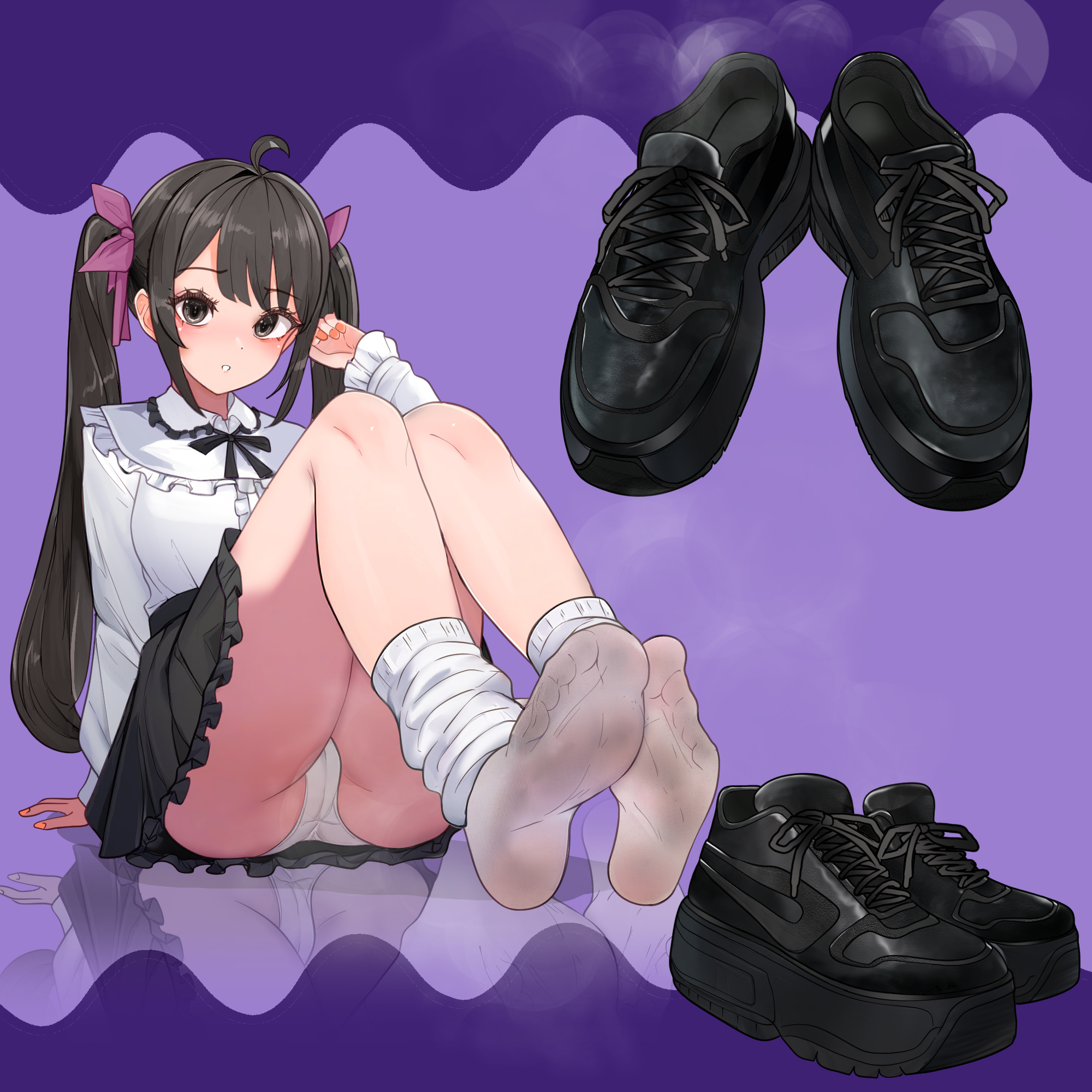 lumina414, original, commentary request, commission, highres, large variant set, pixiv commission, variant set, 1girl, ahoge, arm at side, arm support, ass, bib collar, black bow, black bowtie, black hair, black shoes, black skirt, bow, bowtie, collared shirt, dirty, dirty clothes, fingernails, foot focus, frilled shirt collar, frills, full body, grey eyes, hair bow, hand up, knees up, leg warmers, long hair, looking at viewer, miniskirt, nail polish, no shoes, orange nails, panties, parted lips, purple background, purple bow, reflection, shirt, shirt tucked in, shoes, sitting, skirt, smell, sneakers, socks, solo, twintails, underwear, unworn shoes, white leg warmers, white mouth, white panties, white shirt, white socks, wing collar