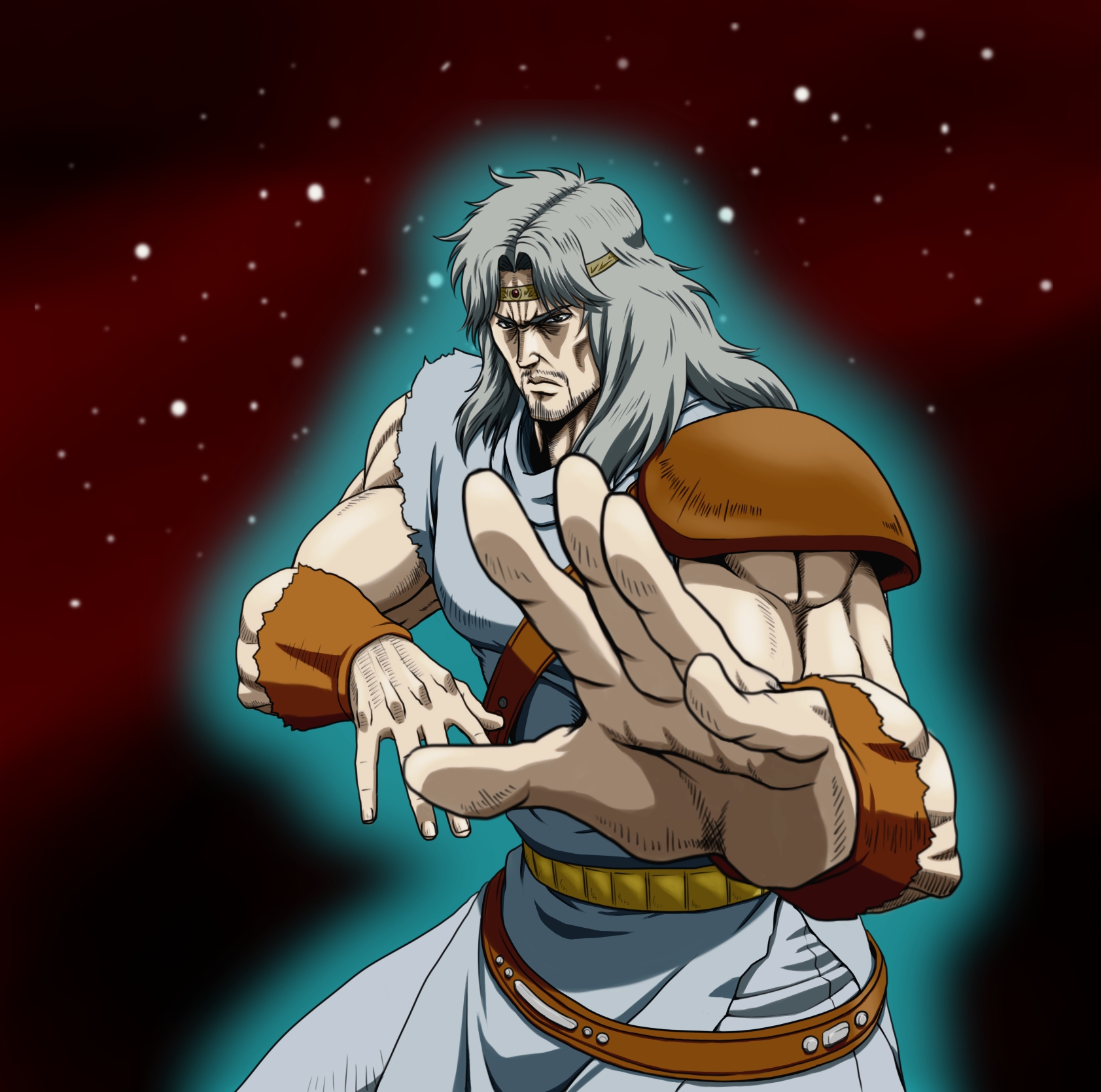 akimaru, toki (hokuto no ken), hokuto no ken, silver hair, highres, md5 mismatch, 1boy, armband, aura, beard, circlet, constellation, facial hair, fighting stance, foreshortening, grey eyes, long hair, male focus, manly, muscular, shoulder pads, solo, star (sky)
