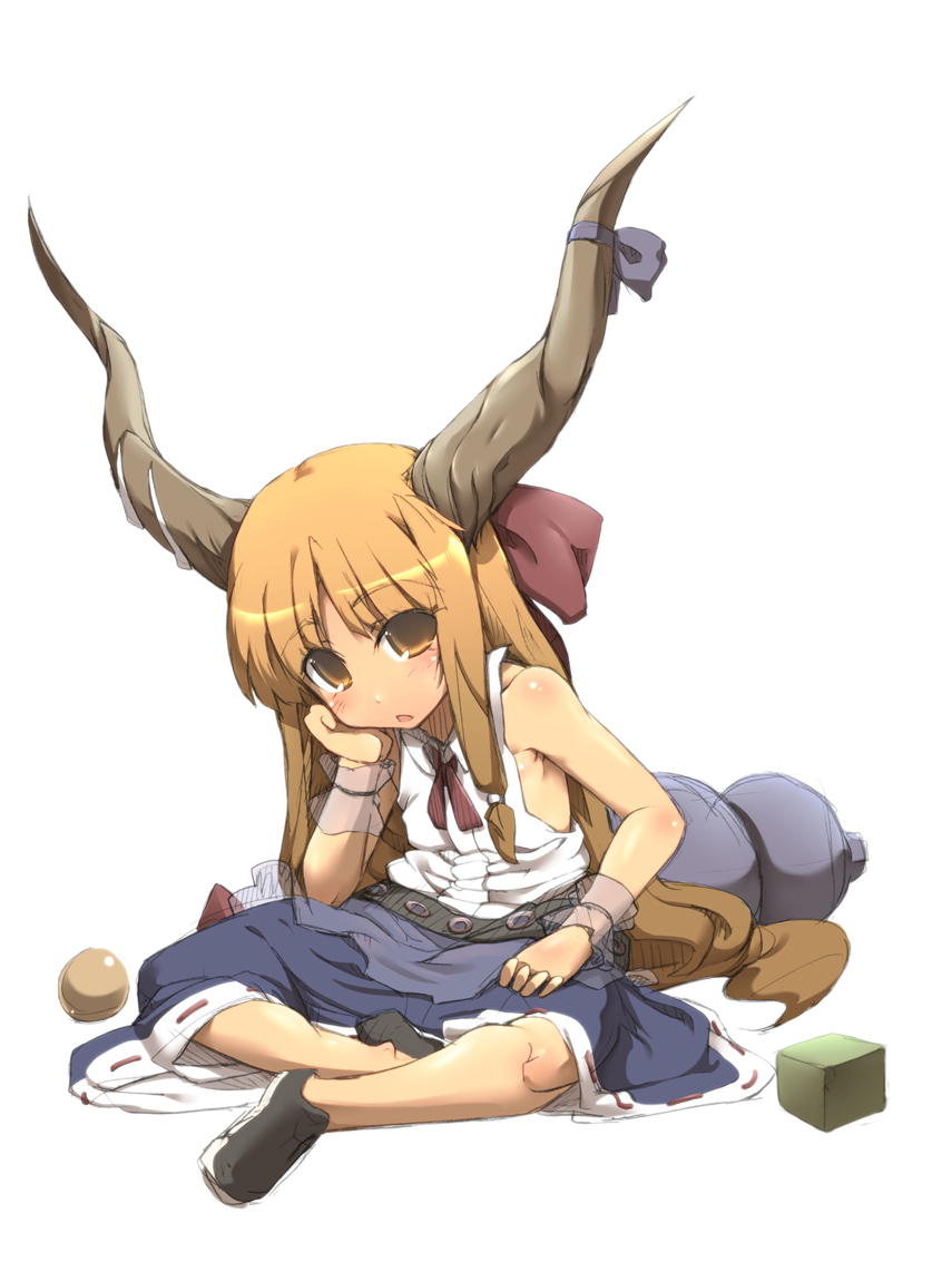 tokyo (great akuta), ibuki suika, touhou, 1girl, blonde hair, bow, female focus, full body, horns, long hair, simple background, sitting, solo, white background