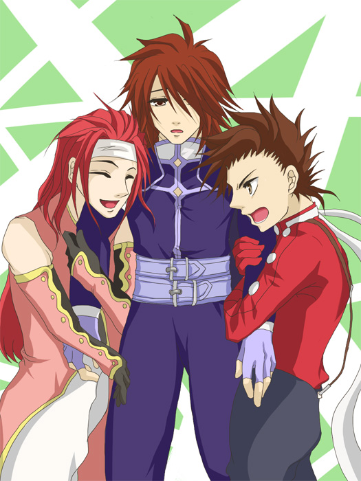 kratos aurion, lloyd irving, zelos wilder, tales of (series), tales of symphonia, 00s, brown eyes, brown hair, buttons, closed eyes, fingerless gloves, gloves, headband, long hair, male focus, red hair, short hair