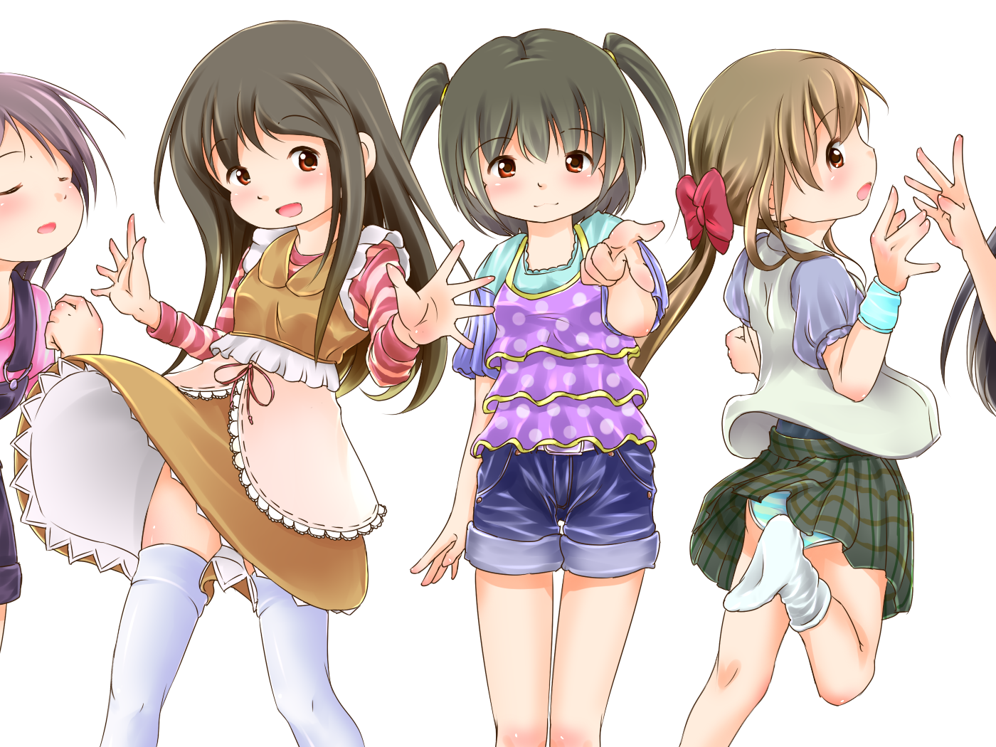 hoono yurumu, lie, original, 4girls, black hair, blouse, brown eyes, brown hair, camisole, closed eyes, green panties, loli, long hair, looking back, multiple girls, panties, pantyshot, plaid clothes, plaid skirt, pleated skirt, polka dot, ponytail, shirt, short hair, shorts, skirt, socks, standing, striped clothes, striped panties, striped shirt, thighhighs, twintails, underwear, white thighhighs