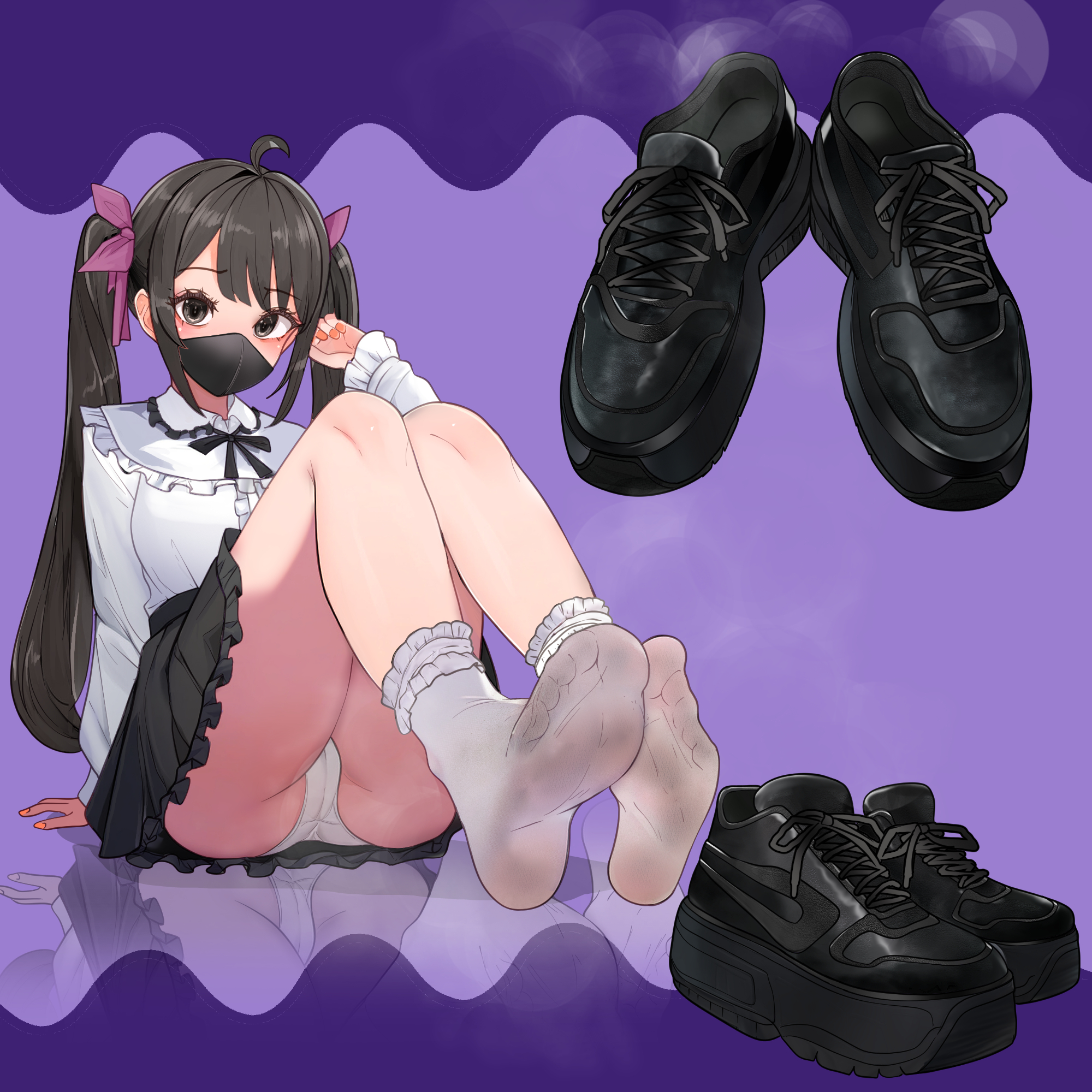 lumina414, original, commentary request, commission, highres, large variant set, pixiv commission, variant set, 1girl, ahoge, arm at side, arm support, ass, bib collar, black bow, black bowtie, black hair, black shoes, black skirt, bow, bowtie, collared shirt, covered mouth, dirty, dirty clothes, fingernails, frilled shirt collar, frills, full body, grey eyes, hair bow, hand up, knees up, long hair, looking at viewer, mask, miniskirt, mouth mask, nail polish, no shoes, orange nails, panties, purple background, purple bow, reflection, shirt, shirt tucked in, shoes, sitting, skirt, smell, sneakers, socks, solo, twintails, underwear, unworn shoes, white panties, white shirt, white socks, wing collar