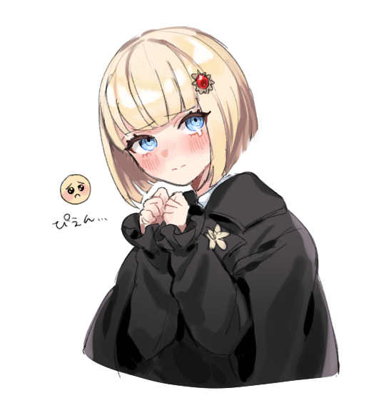 oosuzuki kurara, the hundred line -last defense academy-, commentary request, 1girl, black cape, black jacket, blonde hair, blue eyes, blush, cape, closed mouth, cropped torso, hair ornament, hugen yugen, jacket, long sleeves, looking at viewer, short hair, simple background, solo, tearing up, white background