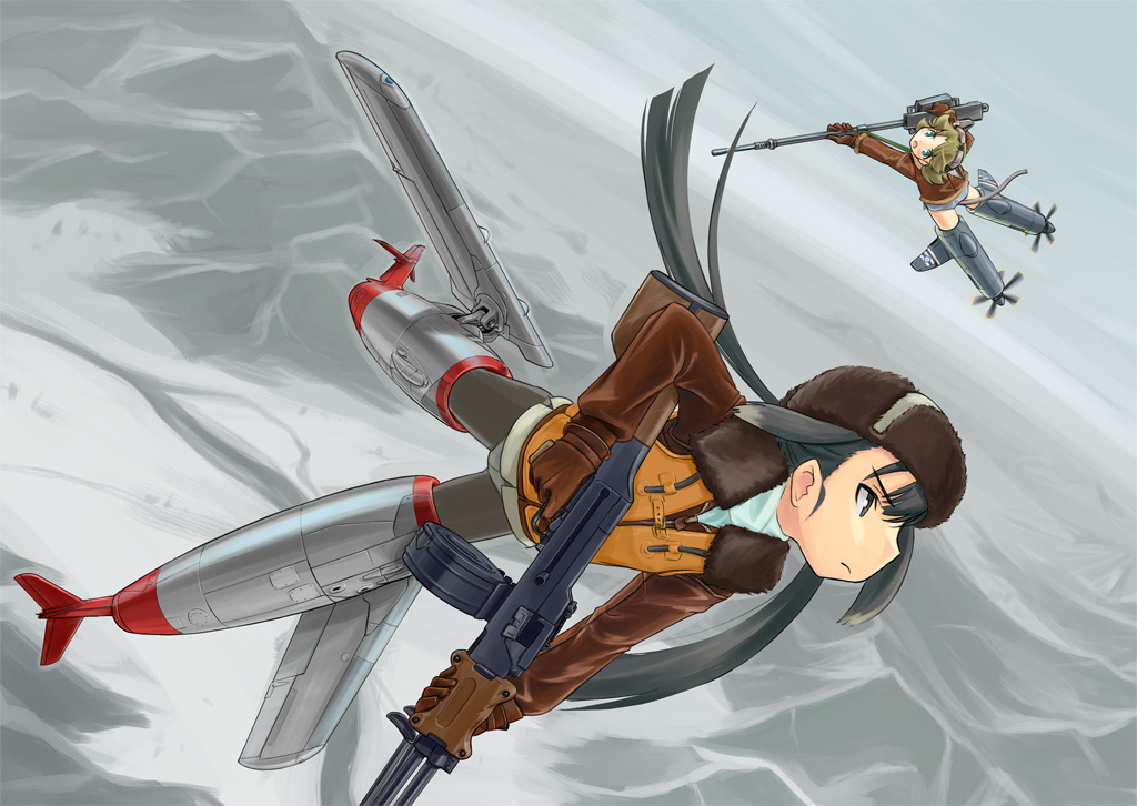 ugai yuichi, hawker sea fury, mig-15, strike witches, world witches series, jet, 2girls, aircraft, airplane, cold war, drum magazine, gloves, gun, hat, jacket, korean war, life vest, light machine gun, long hair, machine gun, magazine (weapon), mecha musume, military, multiple girls, pantyhose, rpd, striker unit, twintails, weapon