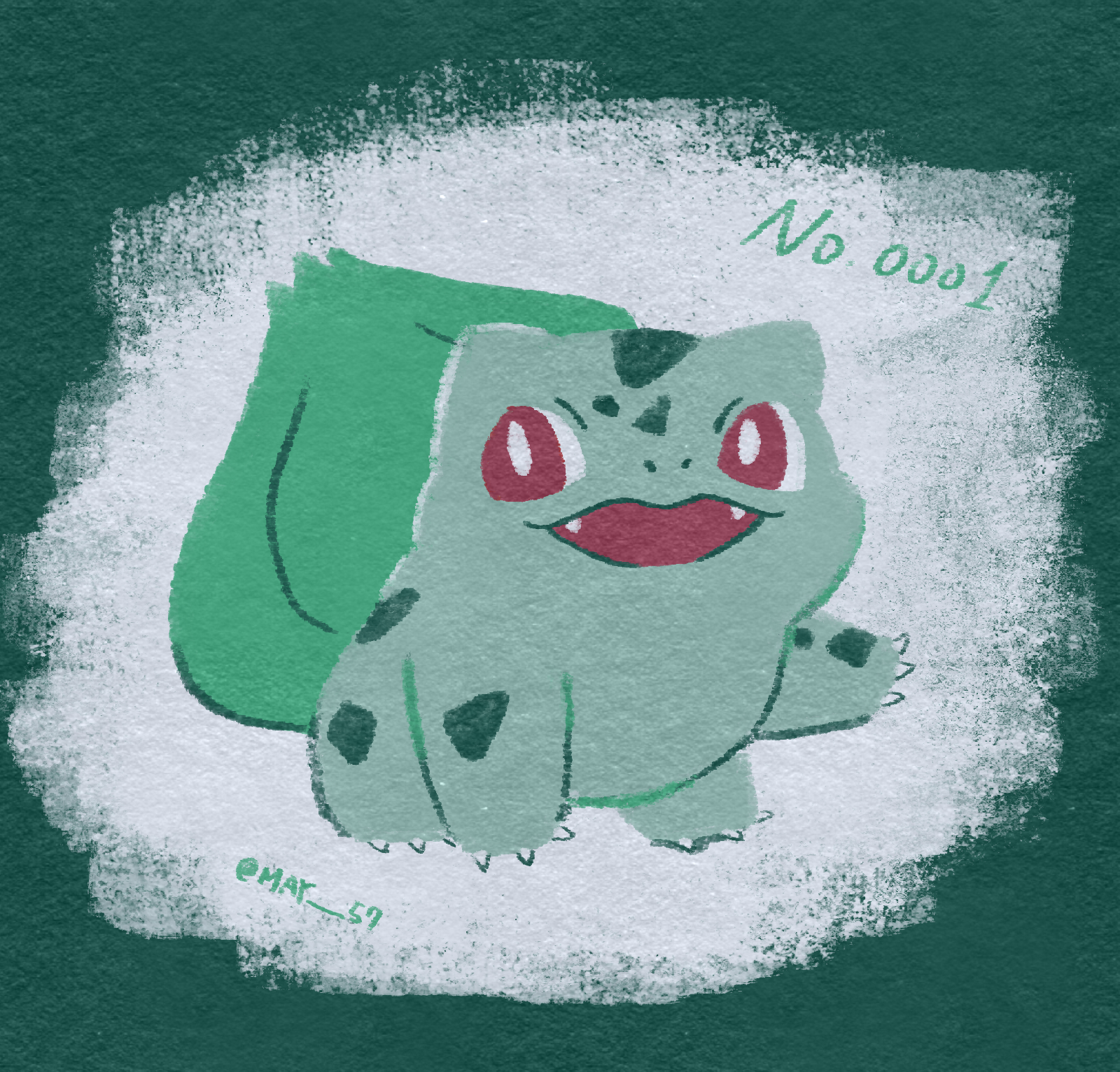 may 57, bulbasaur, nintendo, pokemon, commentary request, highres, animal focus, bright pupils, bud, fangs, full body, gen 1 pokemon, no humans, nostrils, open mouth, pokedex number, pokemon (creature), pokemon focus, red eyes, solo, white pupils