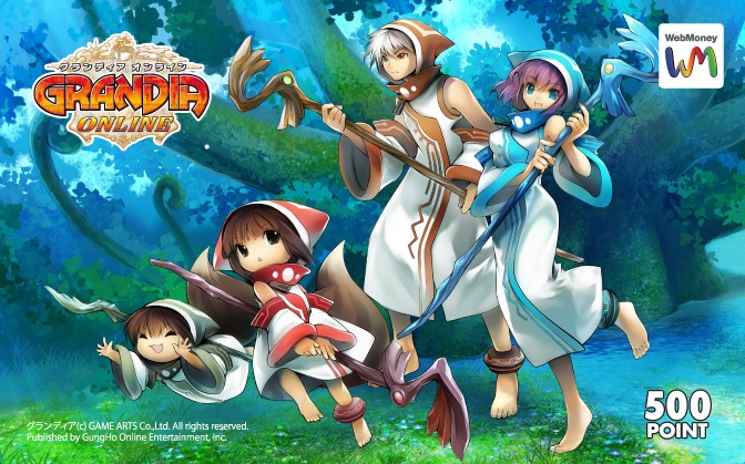 kawasumi (japonica), game arts, grandia, grandia online, silver hair, official art, 2boys, 2girls, anklet, aqua eyes, barefoot, brown hair, jewelry, multiple boys, multiple girls, purple hair, staff, tail