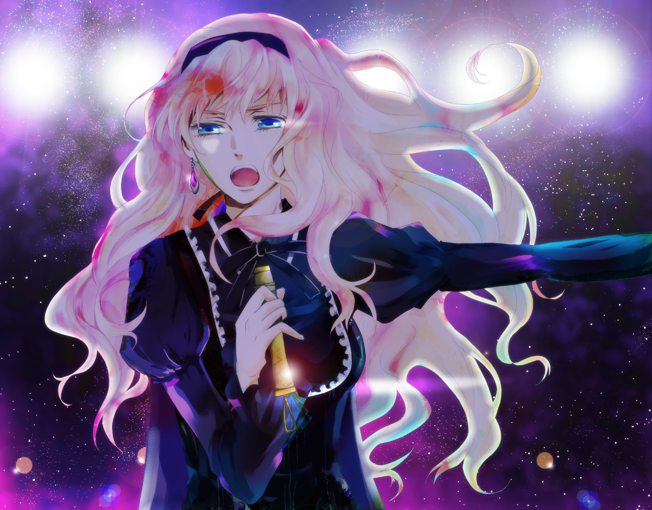 gen (enji), sheryl nome, macross, macross frontier, bad id, bad pixiv id, 1girl, blue eyes, dress, earrings, female focus, hairband, jewelry, long hair, microphone, pink hair, solo, spotlight, star (symbol)
