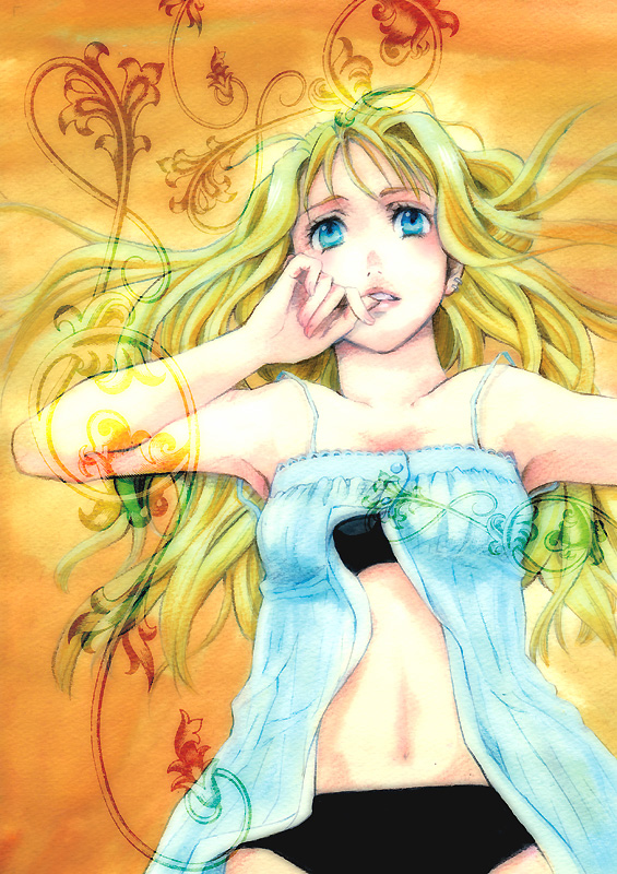 emarijji makoi, winry rockbell, fullmetal alchemist, bad id, bad pixiv id, 00s, 1girl, blonde hair, blue eyes, female focus, finger to mouth, long hair, midriff, navel, solo