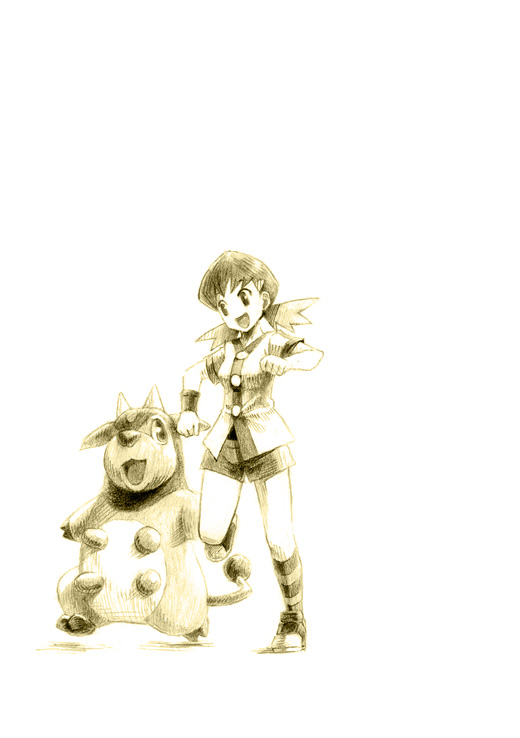 chiba (tibaacss), miltank, whitney (pokemon), nintendo, pokemon, pokemon hgss, 00s, 1girl, buttons, gen 2 pokemon, gym leader, kneehighs, monochrome, pokemon (creature), sepia, shorts, socks, striped clothes, striped socks, twintails, udder
