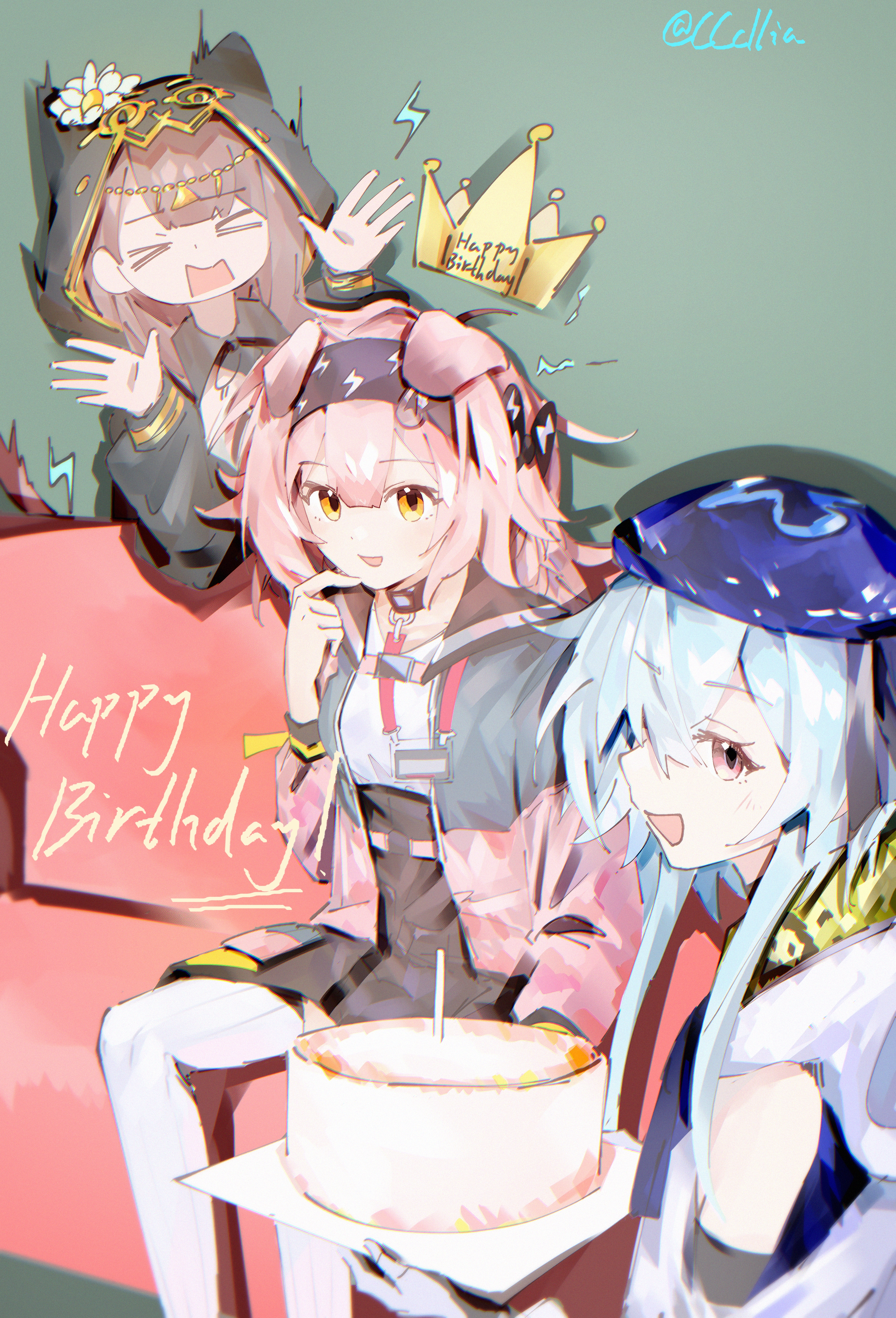sakuratani hane, goldenglow (arknights), mizuki (arknights), pepe (arknights), arknights, absurdres, chinese commentary, commentary request, highres, > <, 1boy, 2girls, androgynous, animal ear hood, animal ears, birthday cake, black bow, black hairband, black jacket, black skirt, blue hair, blue hat, bow, brown hair, cake, candle, cat ears, cat girl, couch, english text, fake animal ears, floppy ears, food, green background, grey jacket, hair between eyes, hair bow, hairband, hands up, happy birthday, hat, holding, holding cake, holding food, hood, hooded jacket, jacket, lanyard, lightning bolt print, long sleeves, looking at viewer, multicolored jacket, multiple girls, on couch, open clothes, open jacket, pink hair, pink jacket, print hairband, shirt tucked in, simple background, skirt, tail raised, thighhighs, twitter username, white thighhighs