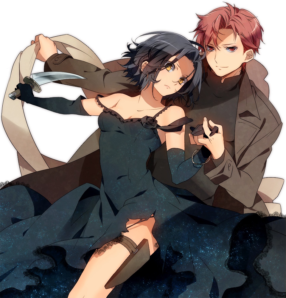 murakami yuichi, chane laforet, claire stanfield, baccano!, 00s, 1boy, 1girl, black flower, black hair, black rose, bracelet, brown eyes, brown hair, coat, couple, dancing, dress, elbow gloves, flower, gloves, hand grab, hetero, holding hands, jewelry, knife, rose, short hair, strap slip, thigh strap, torn clothes, yellow eyes