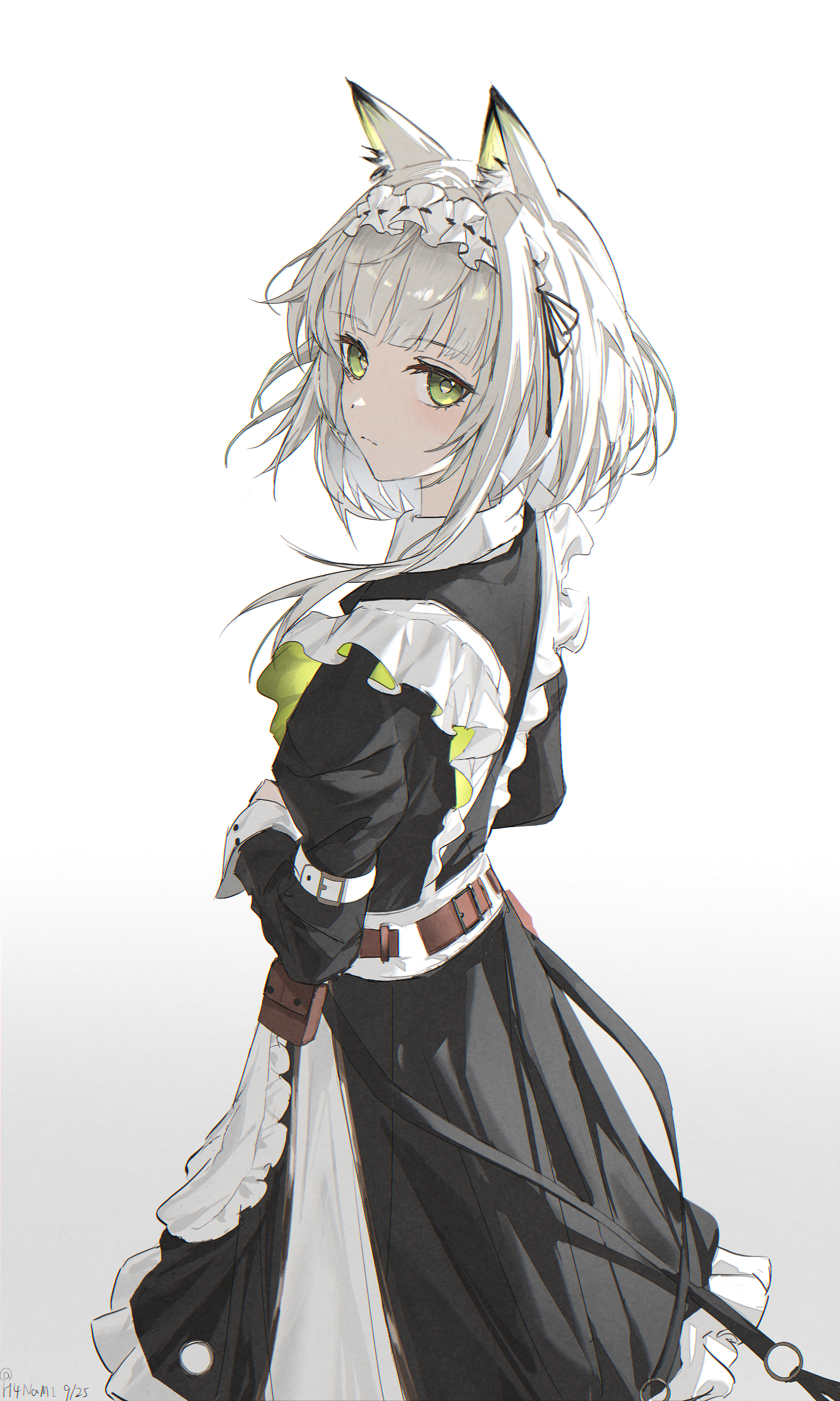 kal'tsit (arknights), kal'tsit (the remains of time) (arknights), arknights, absurdres, highres, 1girl, animal ear fluff, animal ears, black dress, cat ears, cat girl, closed mouth, dress, gradient background, green eyes, grey hair, h4nam1, maid, maid headdress, medium hair, official alternate costume, sidelocks, simple background, solo