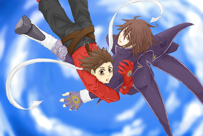 kratos aurion, lloyd irving, tales of (series), tales of symphonia, 00s, age difference, brown eyes, brown hair, buttons, falling, father and son, fingerless gloves, gloves, short hair, sky