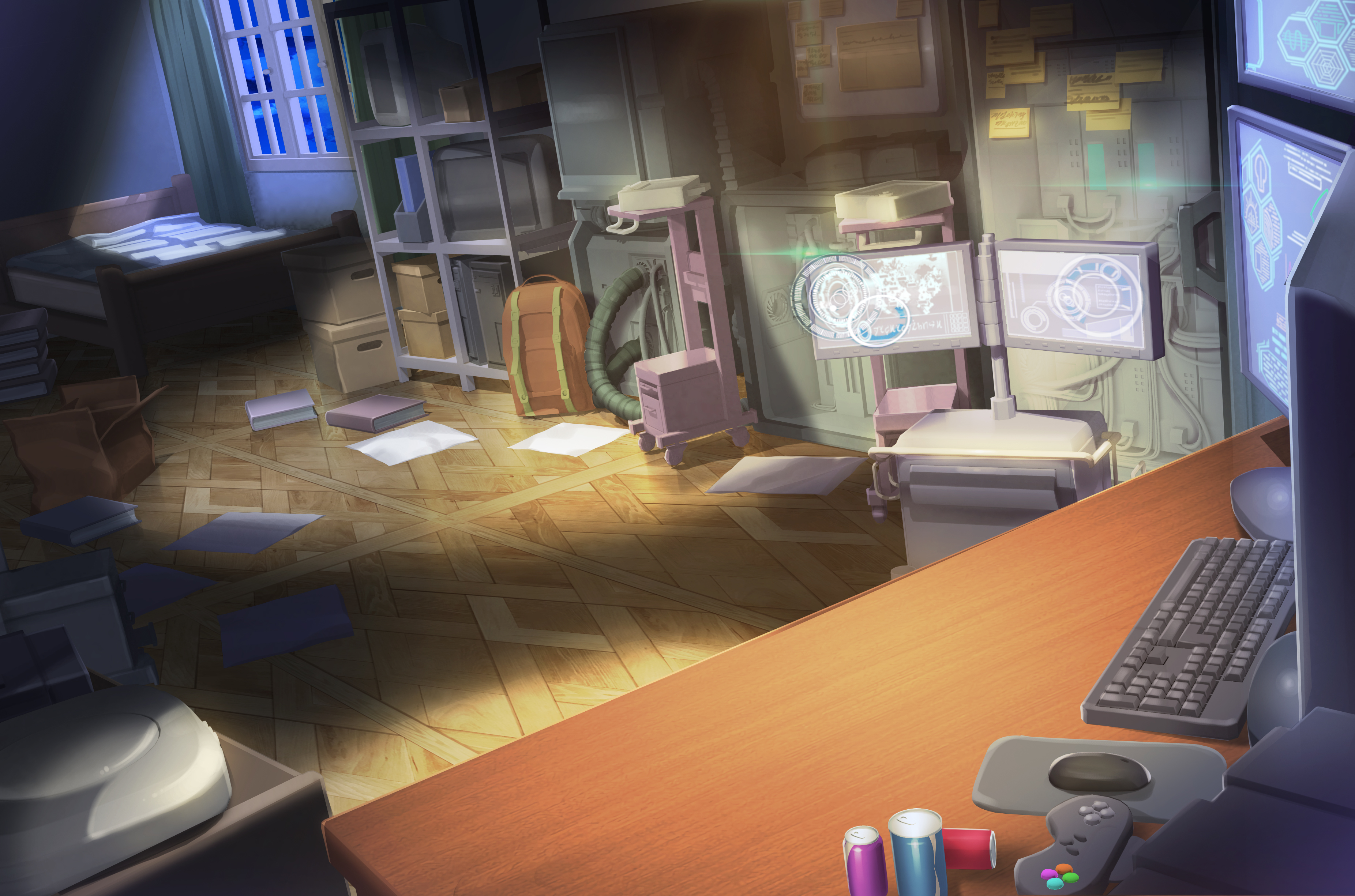 jongmin, original, absurdres, commentary request, highres, backpack, bag, bed, book, box, can, cardboard box, computer keyboard, computer mouse, controller, desk, drink can, game controller, indoors, monitor, no humans, scenery, soda can, window