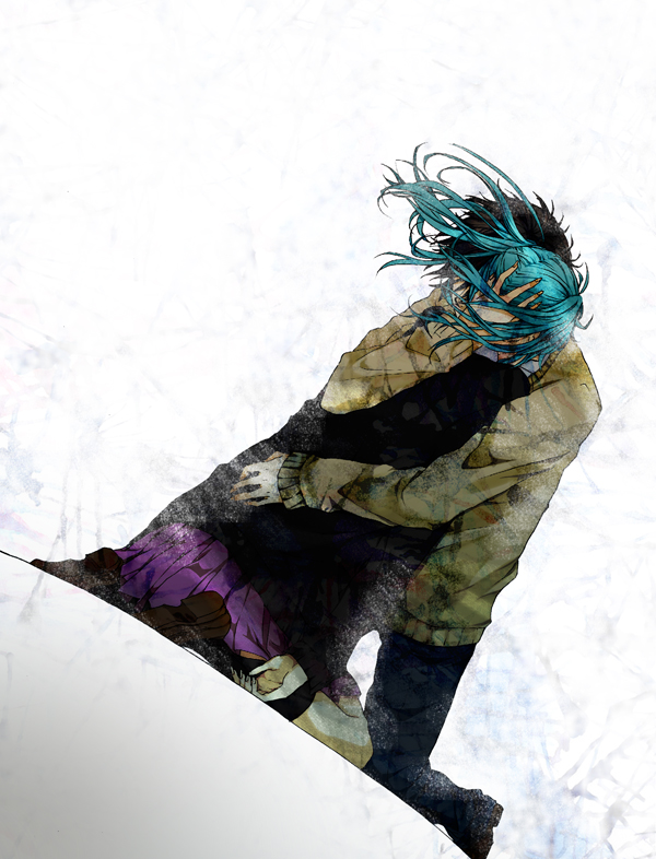 38page, sumi (38page), hatsune miku, rolling girl (vocaloid), vocaloid, bad id, bad pixiv id, 1boy, 1girl, aqua hair, black hair, hetero, hug, kneeling, long hair, skirt, twintails