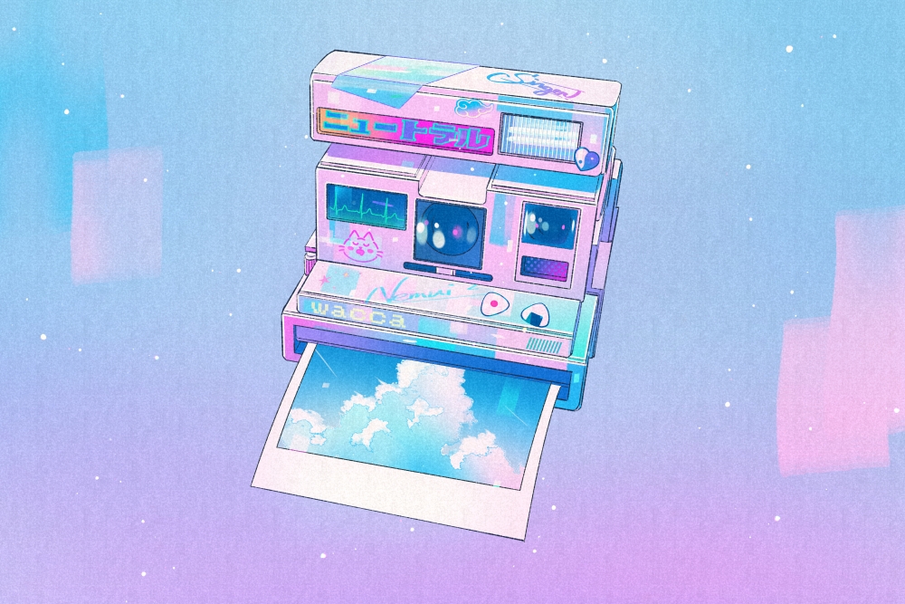 wacca005, original, commentary request, analogous colors, blue sky, cloud, no humans, photo (object), polaroid camera, polaroid photo, sky, still life