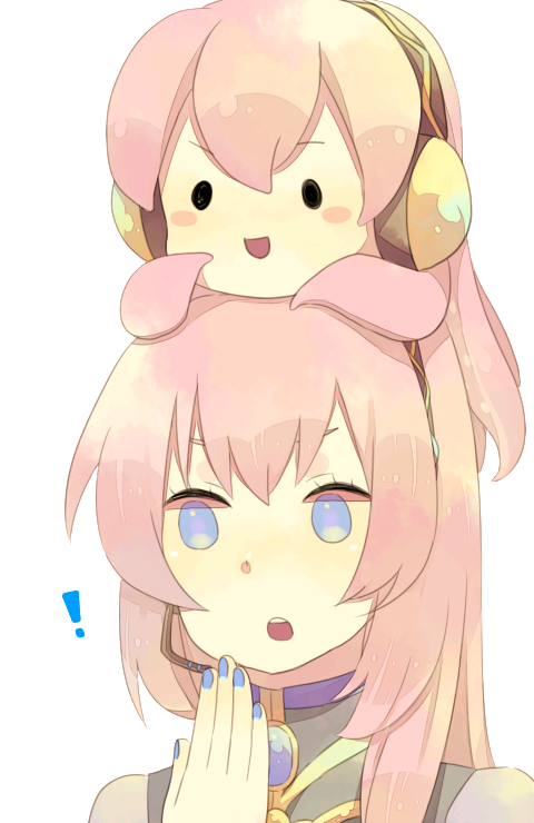 hagiwara hatoba, hatowara, megurine luka, takoluka, vocaloid, bad id, bad pixiv id, !, blue eyes, headset, long hair, object on head, pink hair, simple background, smile, surprised