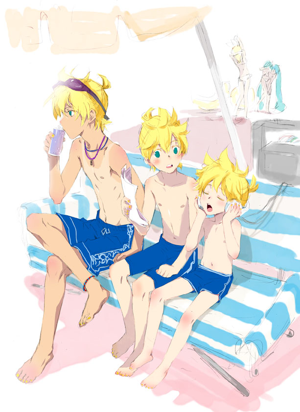 kai (charcoal), kai (pixiv463508), hatsune miku, kagamine len, kagamine rin, vocaloid, striped, bad id, bad pixiv id, 2girls, 3boys, aged down, anklet, aqua eyes, barefoot, beach, bench, bikini, blonde hair, blue jammers, blue male swimwear, blue swim trunks, child, drink, feet, goggles, goggles on head, headphones, jammers, jewelry, long hair, male swimwear, multiple boys, multiple girls, multiple persona, music, shirt tan, singing, sitting, sunglasses, swim trunks, swimsuit, tan, tanline, time paradox, topless male, twintails, very long hair