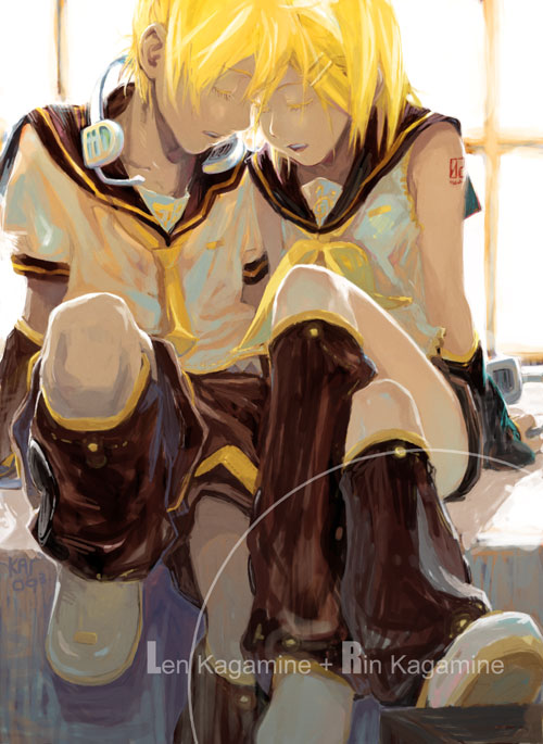 kai (charcoal), kai (pixiv463508), kagamine len, kagamine rin, vocaloid, bad id, bad pixiv id, 1boy, 1girl, blonde hair, brother and sister, closed eyes, hair ornament, hairclip, headphones, short hair, siblings, twins