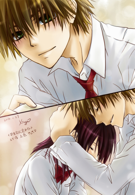 ayuzawa misaki, usui takumi, kaichou wa maid-sama!, blonde hair, green eyes, hug, purple hair, school uniform, short hair, sleeping, smile