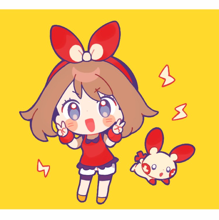 inomo (qimoshu), may (pokemon), plusle, nintendo, pokemon, pokemon oras, commentary request, 1girl, black shirt, blue eyes, blush, blush stickers, border, bracelet, brown hair, chibi, electricity, full body, gen 3 pokemon, jewelry, open mouth, pokemon (creature), red tank top, ribbon, shirt, shoes, shorts, smile, standing, tank top, v, white border, white shorts, yellow background, yellow shoes