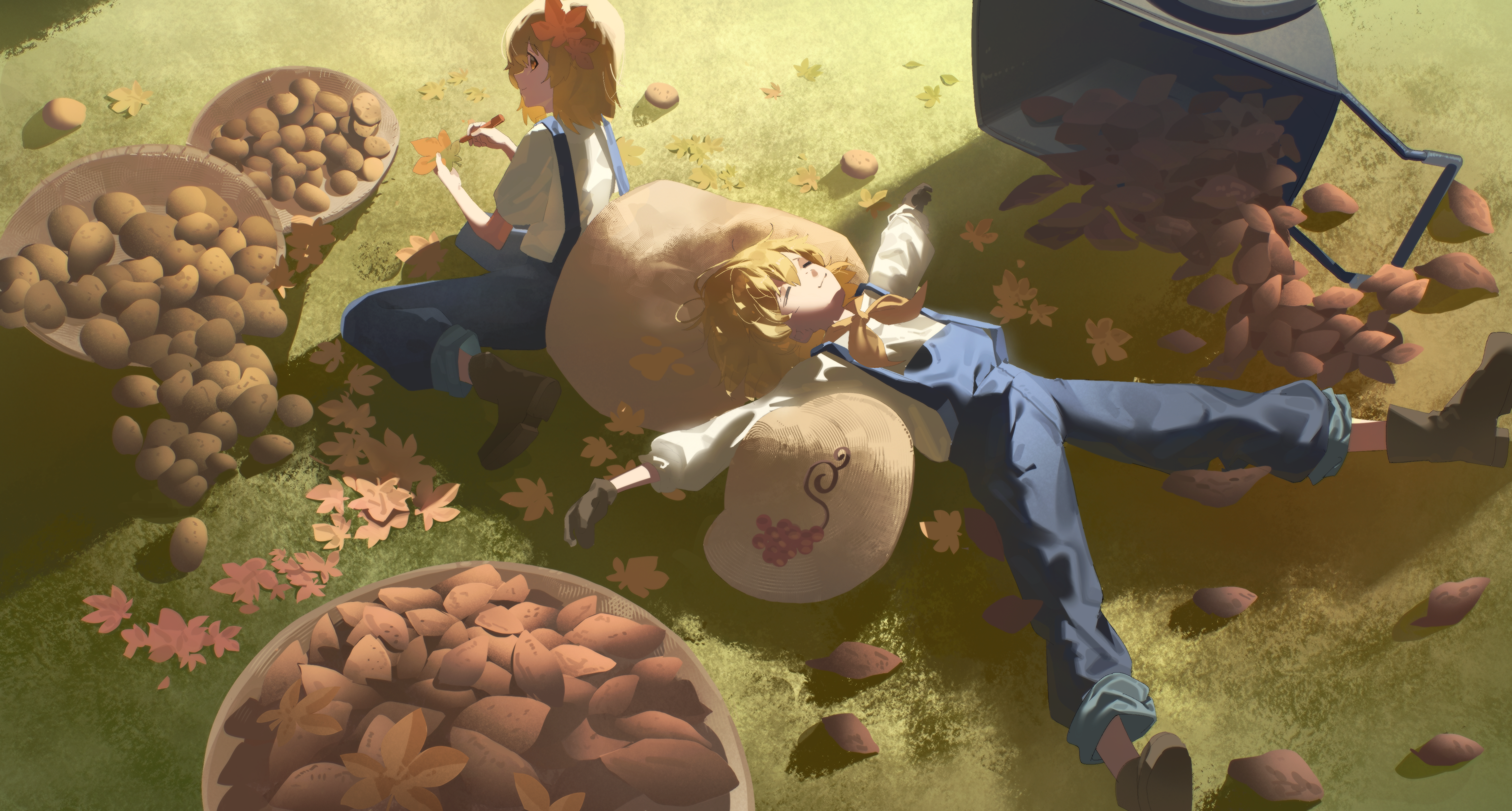 kinoko (kino2435006), aki minoriko, aki shizuha, touhou, absurdres, chinese commentary, commentary request, highres, 2girls, autumn leaves, blonde hair, blue pants, brown gloves, food, gloves, leaf, lying, multiple girls, on grass, outdoors, pants, potato, shirt, short hair, smile, sweet potato, white shirt