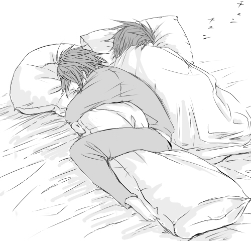 kratos aurion, lloyd irving, tales of (series), tales of symphonia, lowres, 00s, 2boys, age difference, barefoot, bed, father and son, hugging object, male focus, monochrome, multiple boys, pajamas, pillow, pillow hug, short hair, sleeping