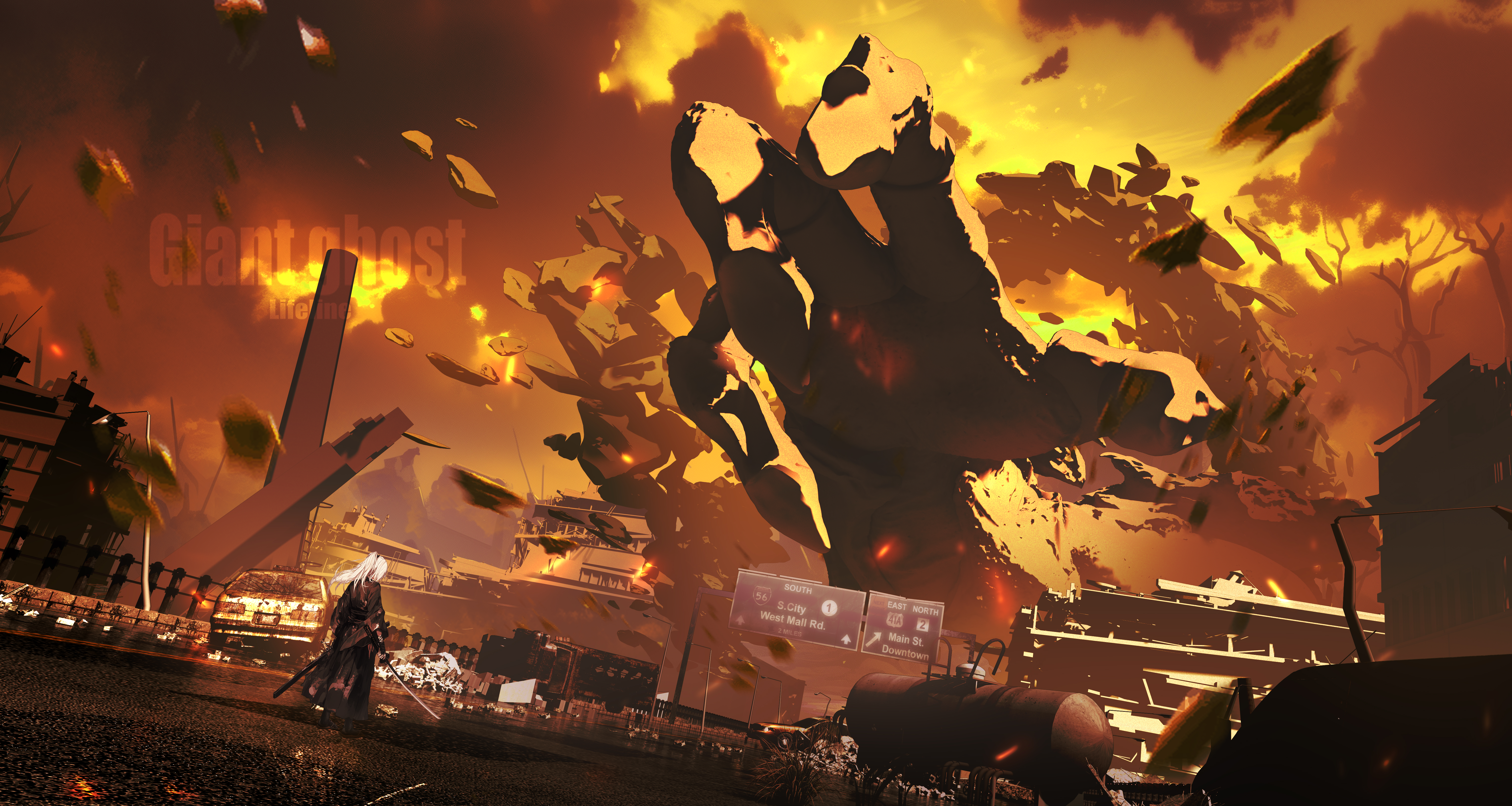 lifeline (a384079959), original, absurdres, commentary request, highres, 1girl, bare tree, black kimono, building, car, cloud, destruction, dutch angle, english text, giant, holding, holding sword, holding weapon, japanese clothes, katana, kimono, long hair, motor vehicle, outdoors, ponytail, road, road sign, scenery, sign, sky, sword, tree, truck, warm colored, watermark, weapon, white hair, yellow sky