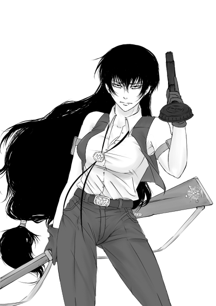 roberta (black lagoon), black lagoon, 1girl, black hair, female focus, gun, long hair, monochrome, solo, weapon, white background